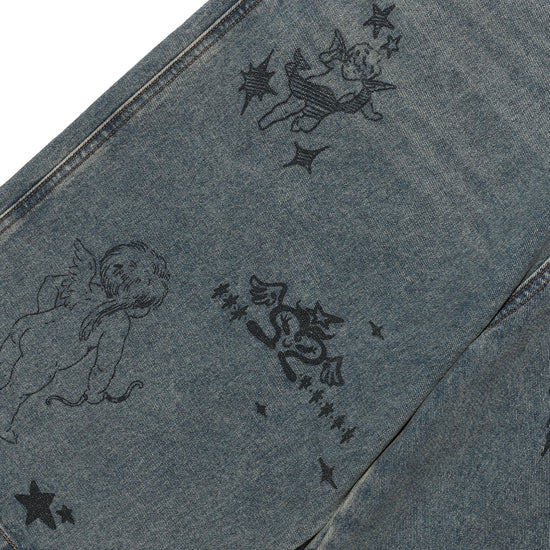 Nice Ghost Club Big Wide Bermuda Doodle Denim Pants