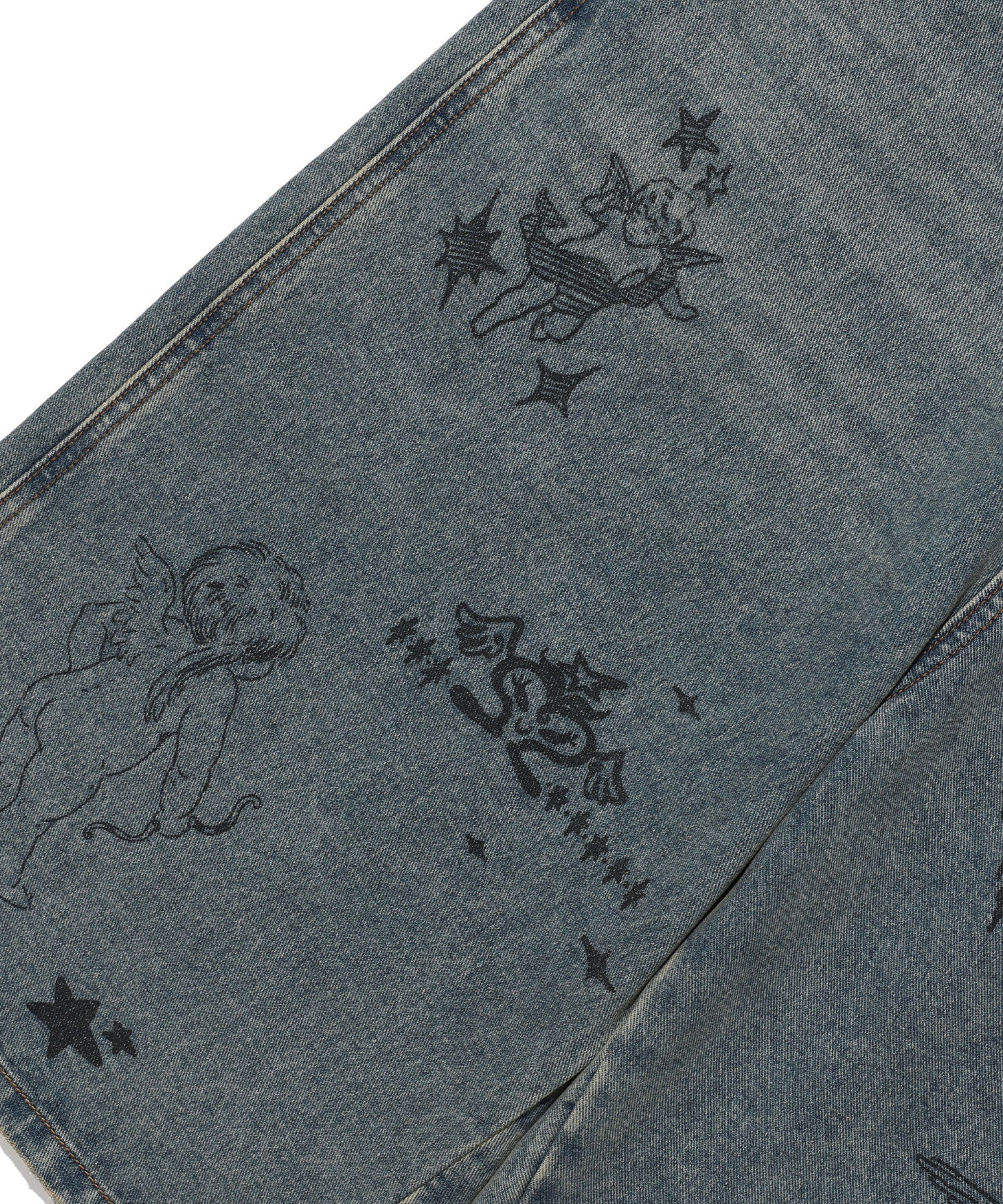Nice Ghost Club Big Wide Bermuda Doodle Denim Pants