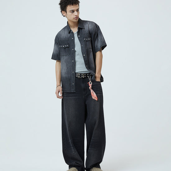 Mahagrid Denim Stud Half Shirt [Black]