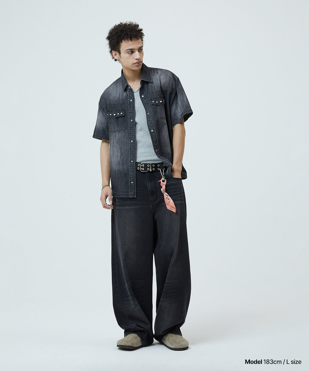 Mahagrid Denim Stud Half Shirt [Black]