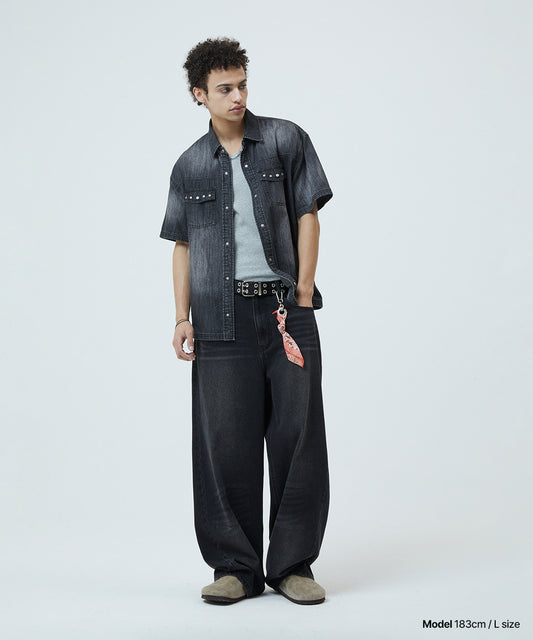 Mahagrid Denim Stud Half Shirt [Black]