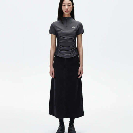 Mahagrid Shirring Half Zip-Up Jersey Tee