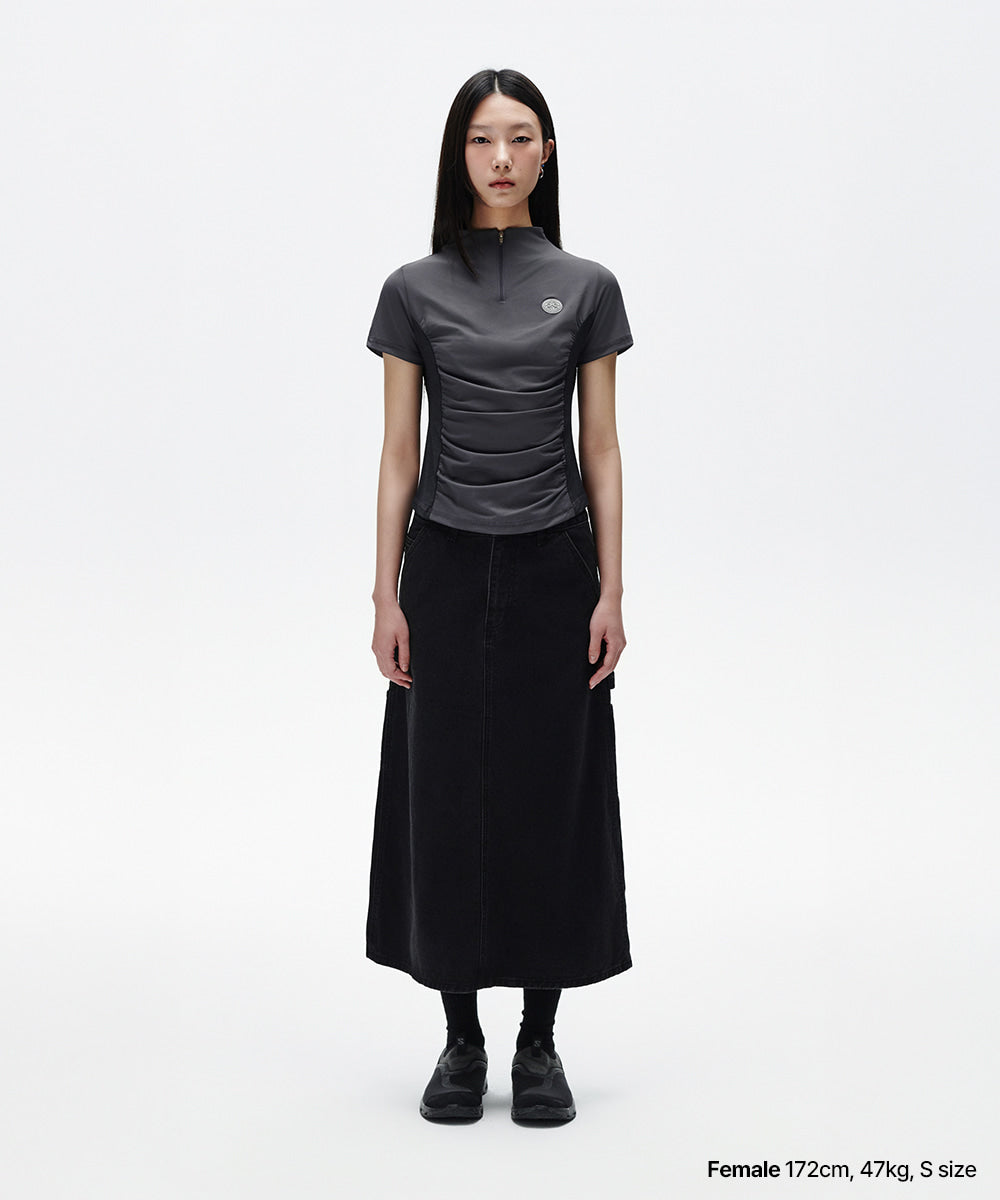 Mahagrid Shirring Half Zip-Up Jersey Tee