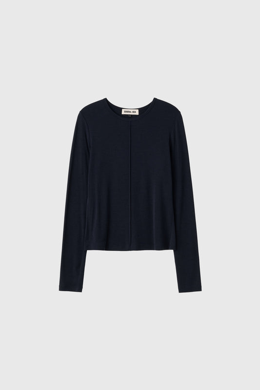 General Idea WOMAN Airy Round Neck Pin Tuck T-Shirt [NAVY]
