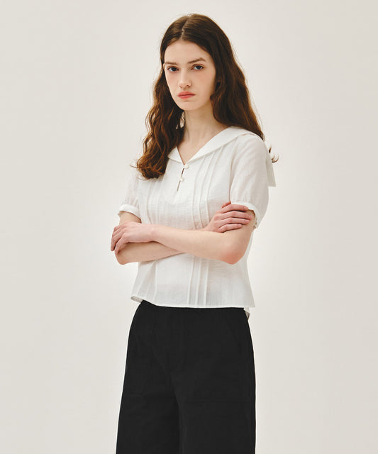 Marithé François Girbaud W PIN TUCK SAILOR HALF SLEEVE SHIRT white