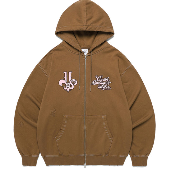 Cavish Damaged Applique Zip Up Hoodie