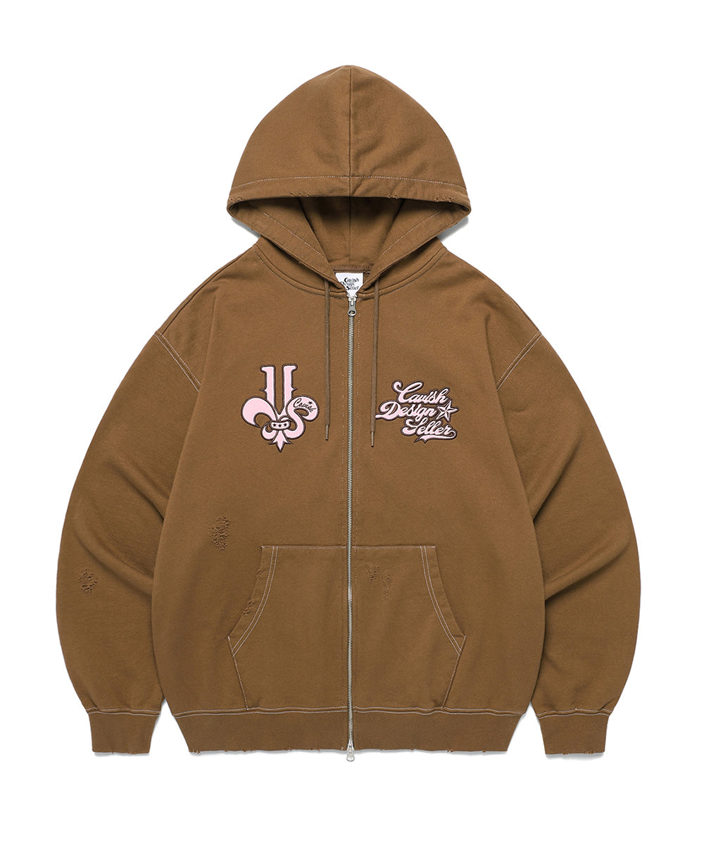 Cavish Damaged Applique Zip Up Hoodie