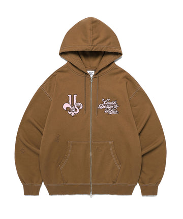 Cavish Damaged Applique Zip Up Hoodie