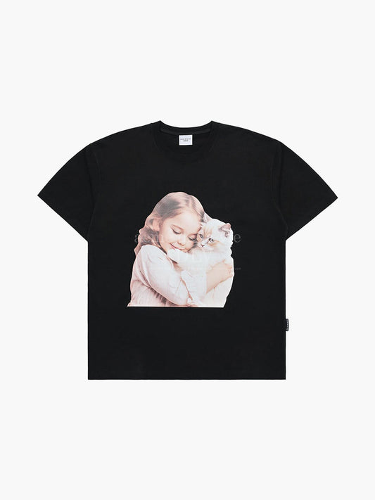 ADLV Baby Face Cat Hug Girl Short Sleeve T-Shirt