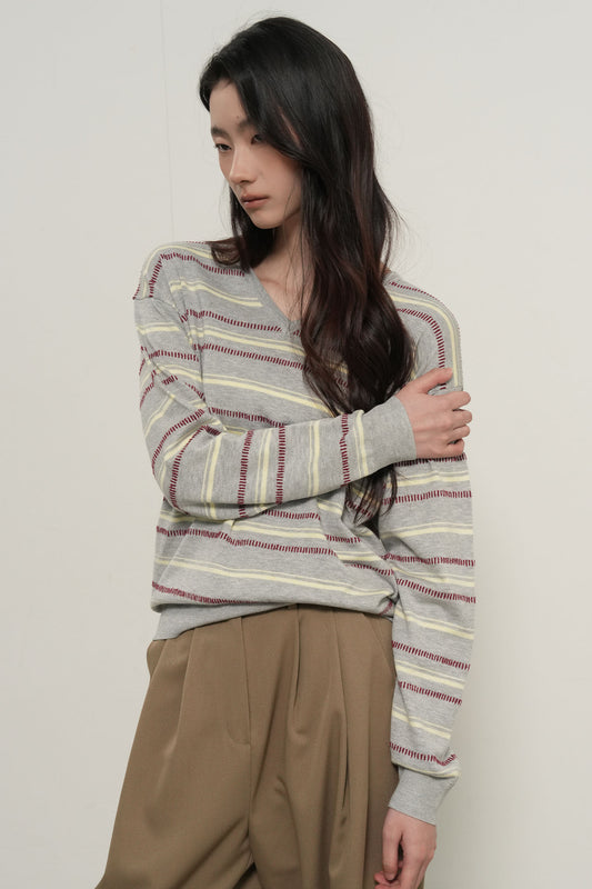 General Idea WOMAN Mix Stripe V-Neck Pullover