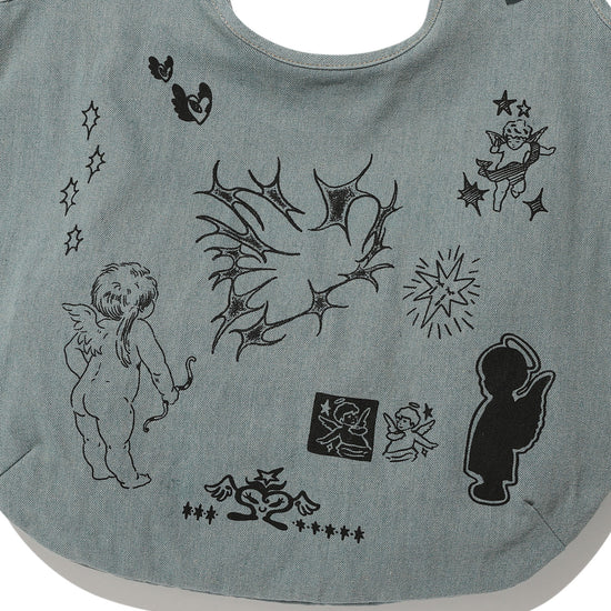 Nice Ghost Club Denim Doodle Shoulder Tote Bag