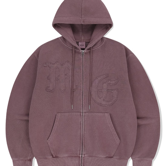 Mahagrid Big Gothic Cut Off Pigment Zip-Up Hoodie in Burgundy