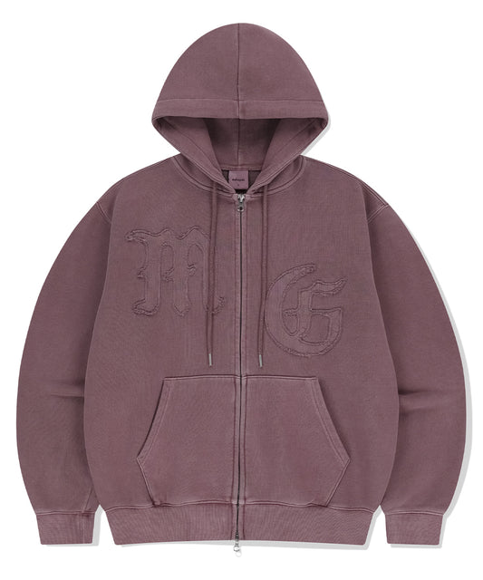 Mahagrid Big Gothic Cut Off Pigment Zip-Up Hoodie in Burgundy