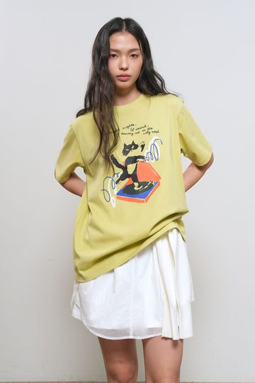 General Idea WOMAN Dancing Cat Oversized Short Sleeve T-Shirt [LIME]