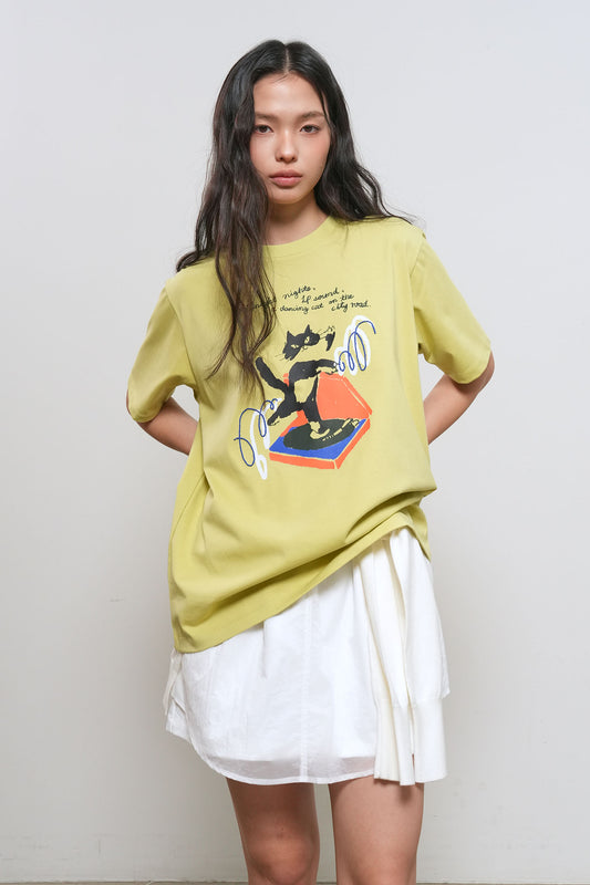 General Idea WOMAN Dancing Cat Oversized Short Sleeve T-Shirt [LIME]
