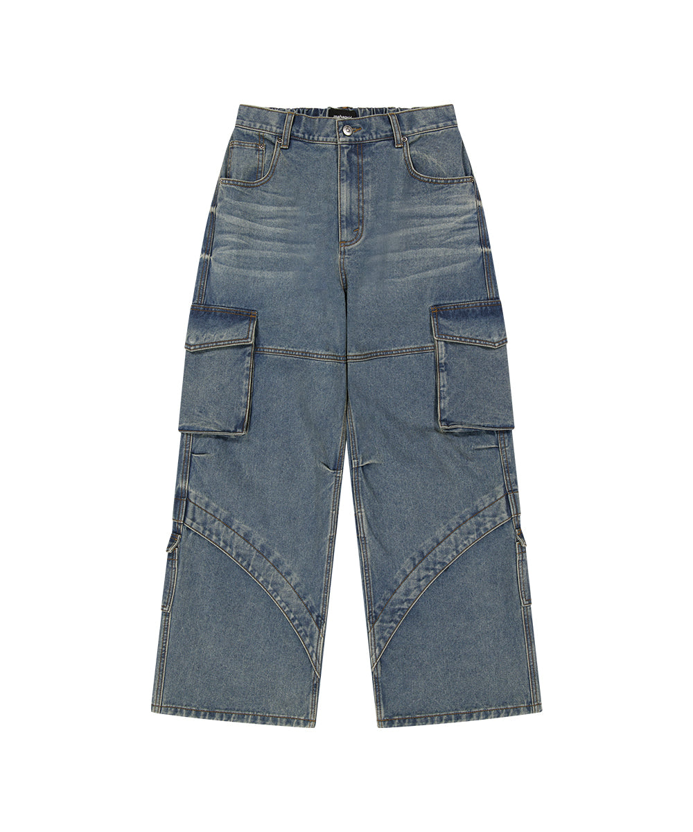 Mahagrid Wide Cargo Denim Pants [Blue]