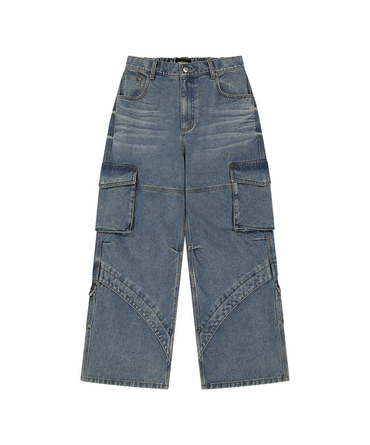 Mahagrid Wide Cargo Denim Pants [Blue]