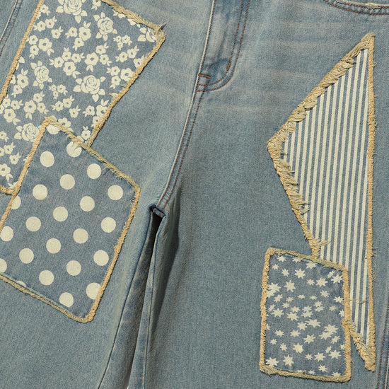 Nice Ghost Club Pattern Patchwork Wide Denim Pants