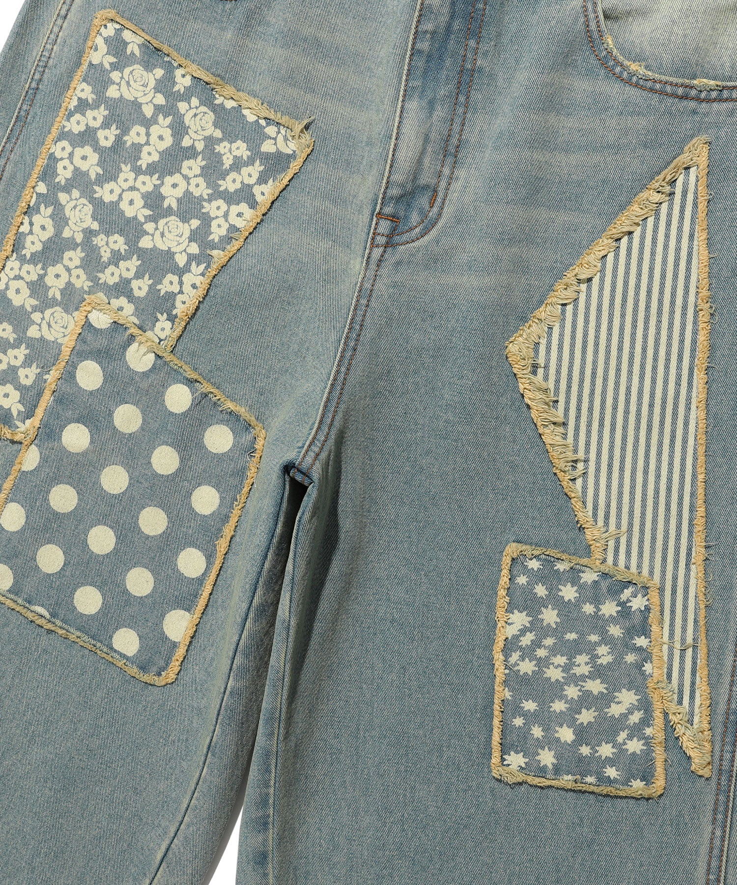 Nice Ghost Club Pattern Patchwork Wide Denim Pants