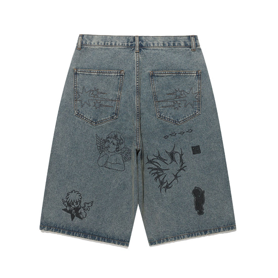 Nice Ghost Club Big Wide Bermuda Doodle Denim Pants