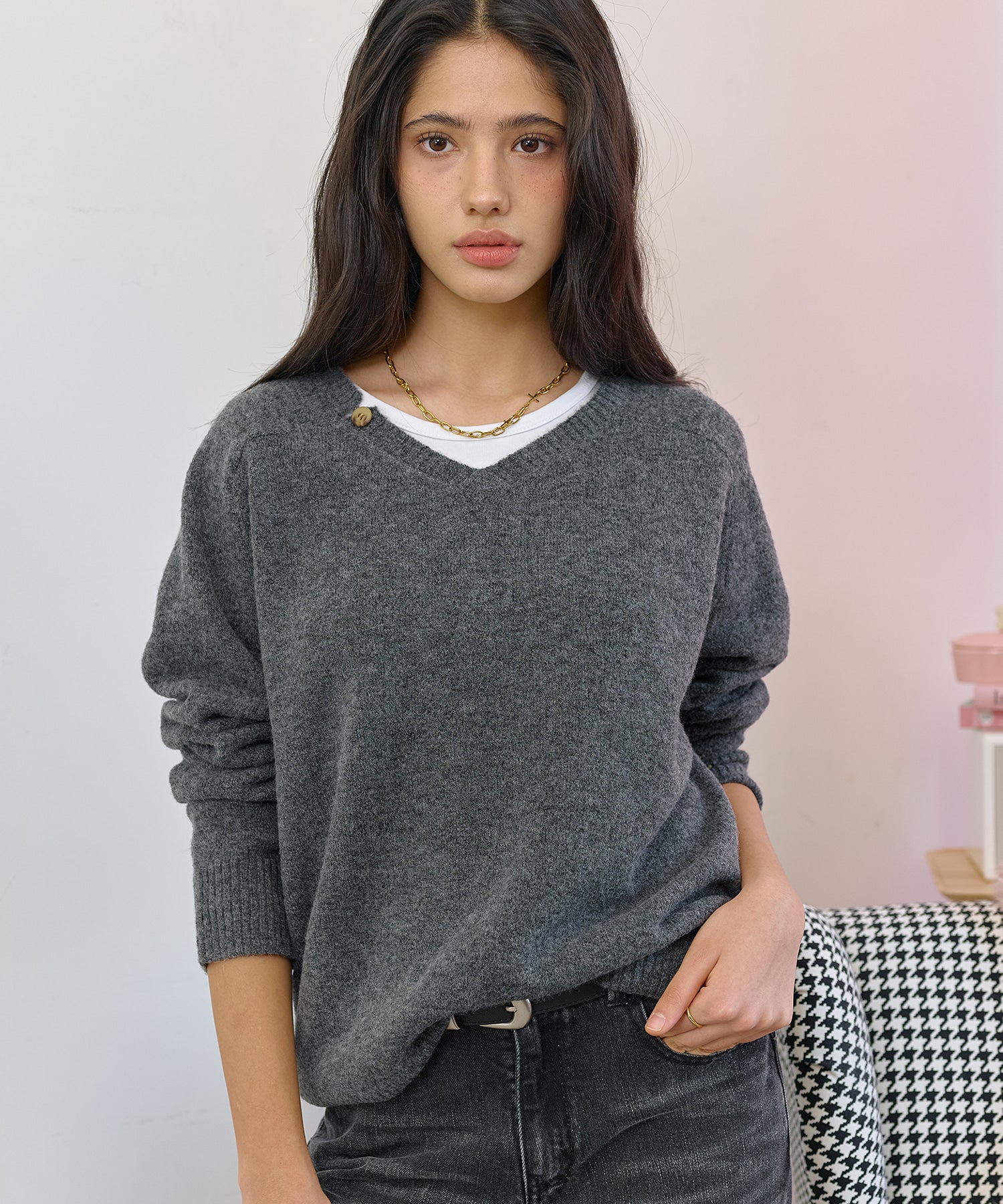 Bitter Cells [SET] Essential V Neck Knit & Shawl