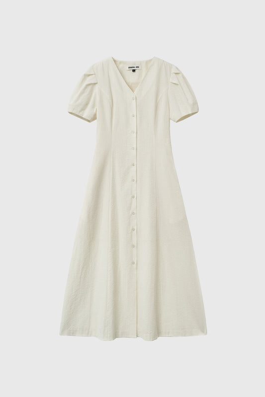 General Idea Woman Stripe V-Neck Puff Long Dress