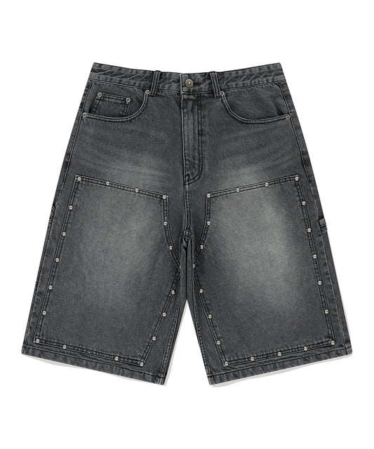 Mahagrid Stud Double Knee Denim Shorts