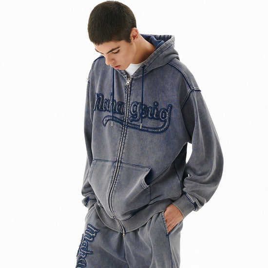 Mahagrid Washed Cut Off Applique Hood Zip Up