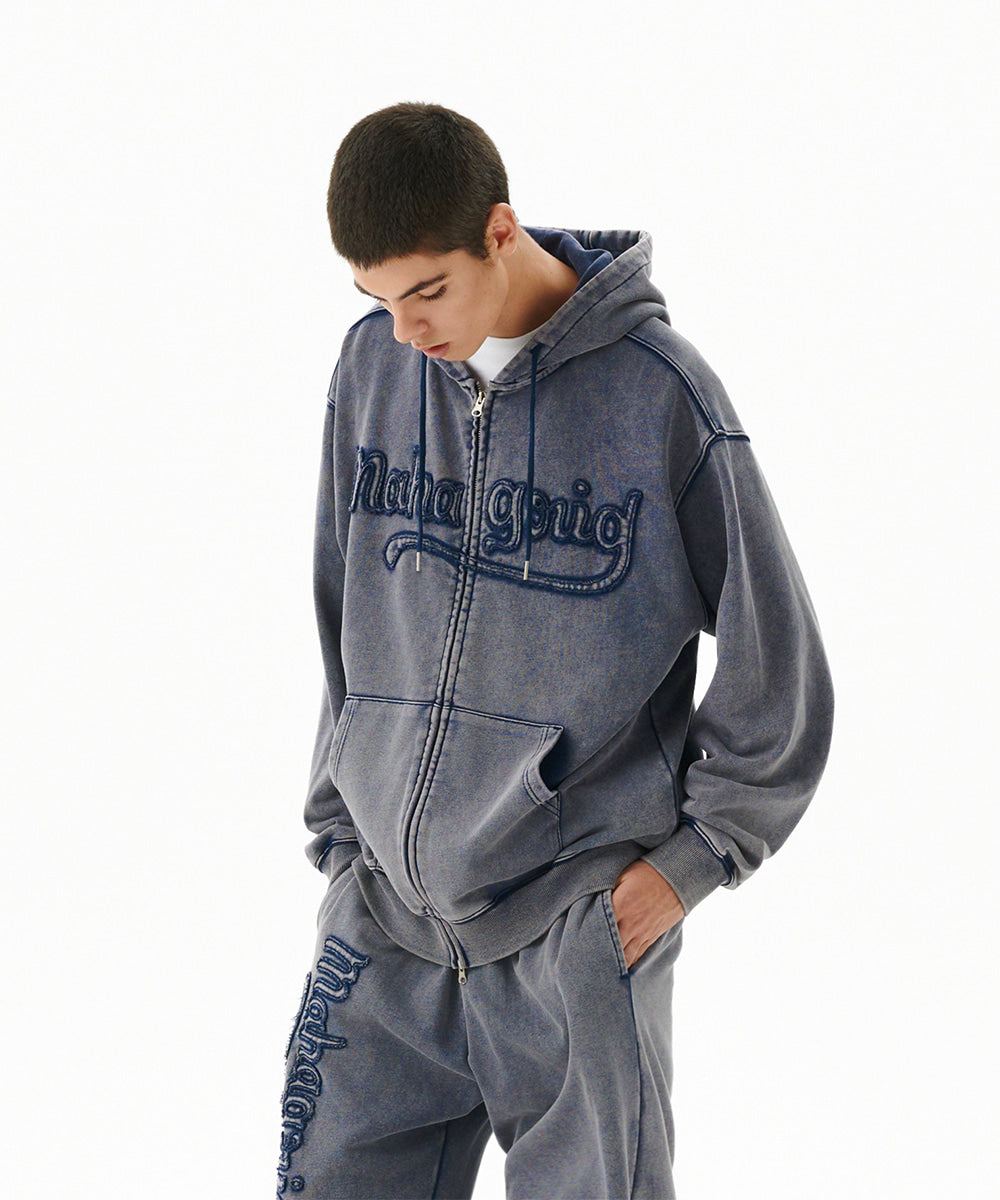 Mahagrid Washed Cut Off Applique Hood Zip Up