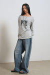 General Idea WOMAN Boat Neck Loose Fit Graphic T-Shirt [MELANGE GREY]