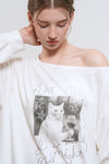 General Idea WOMAN Boat Neck Loose Fit Graphic Long Sleeve T-Shirt [WHITE]