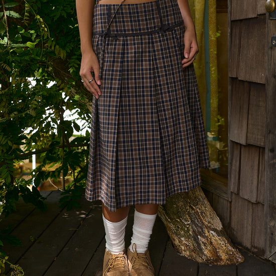 Bitter Cells Rhythm Check Pleats Skirt-Navy