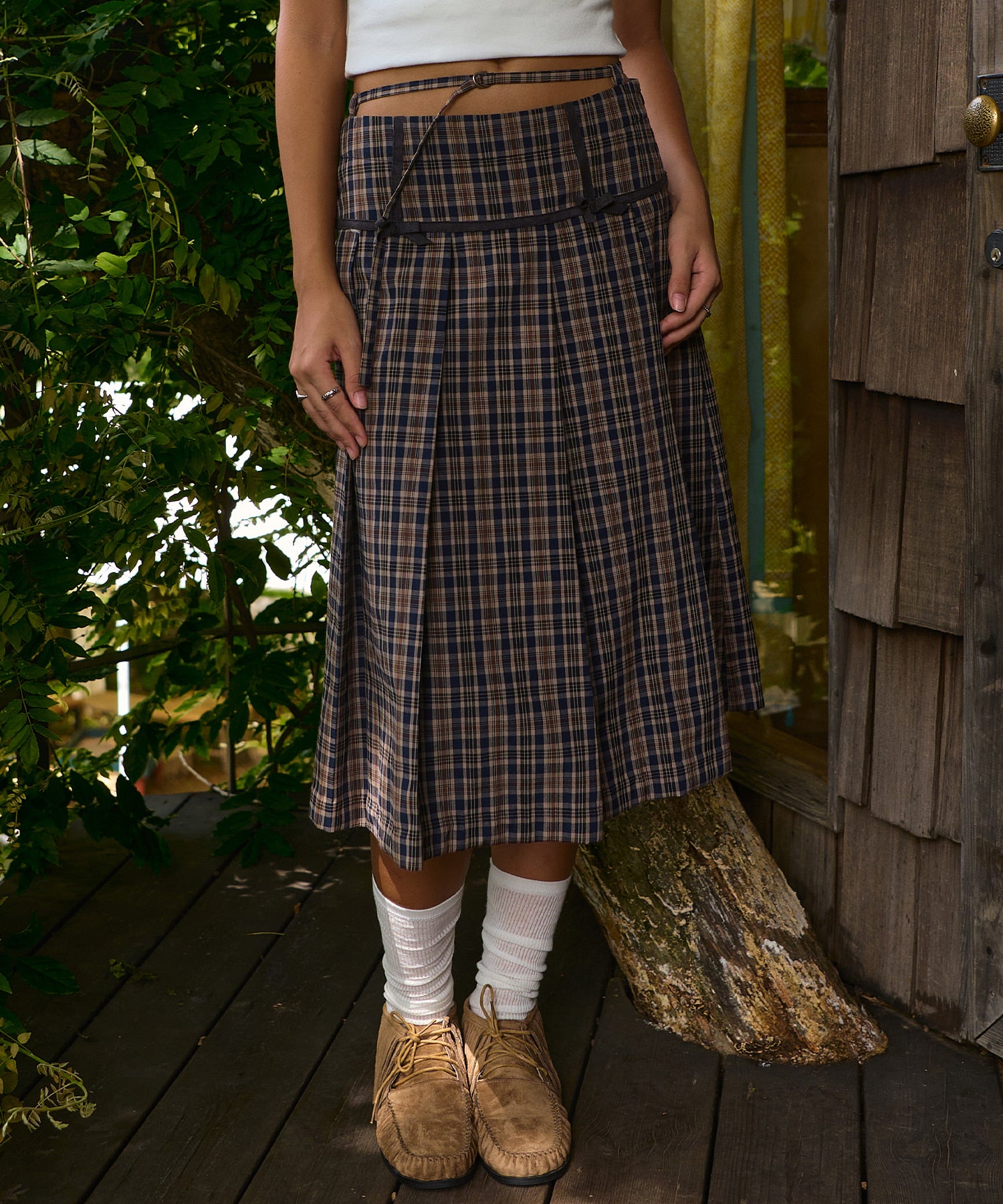 Bitter Cells Rhythm Check Pleats Skirt-Navy