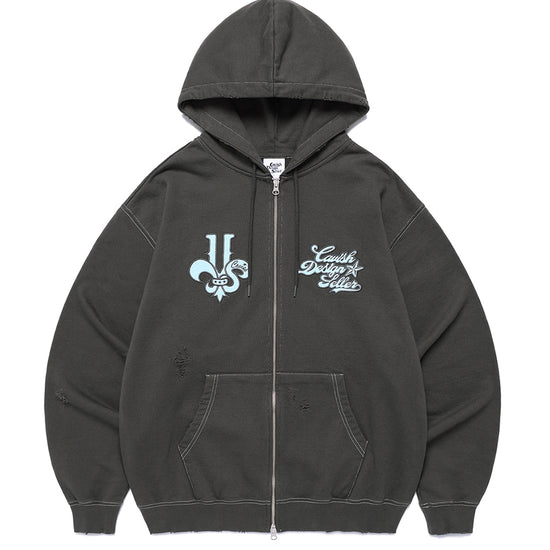 Cavish Damaged Applique Zip Up Hoodie