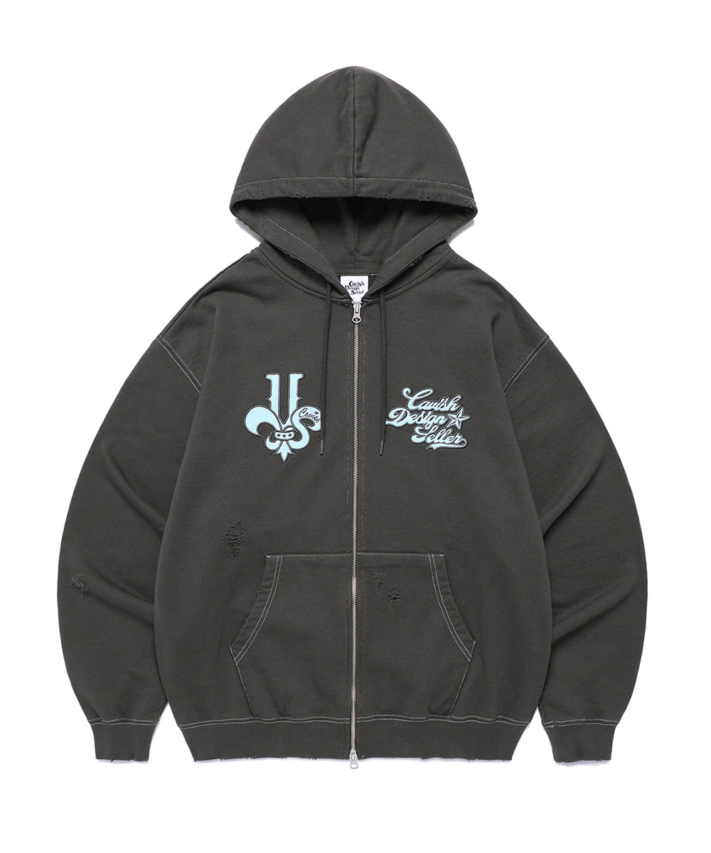 Cavish Damaged Applique Zip Up Hoodie