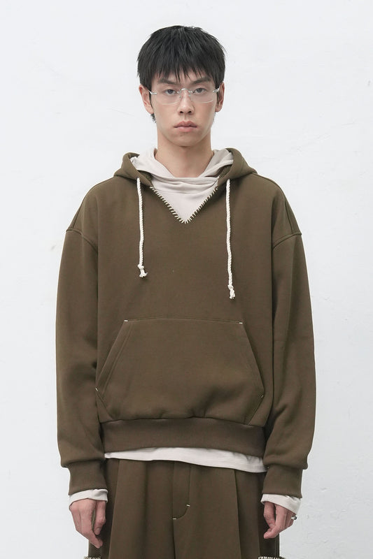 General Idea UNISEX Stitch V-Neck Hoodie Sweatshirt [KHAKI]