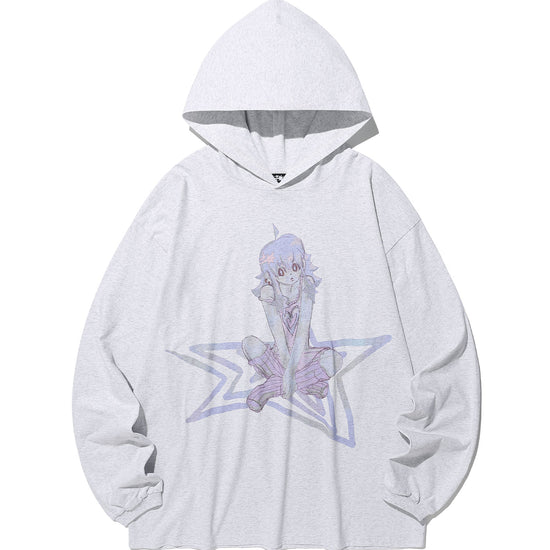 Nice Ghost Club Star Girl Big Big Long Sleeve Hoodie [Light Grey]