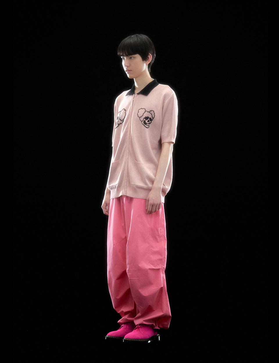 Nice Ghost Club Juggling Skeletons Half Knit Zip Up Polo [Pink]