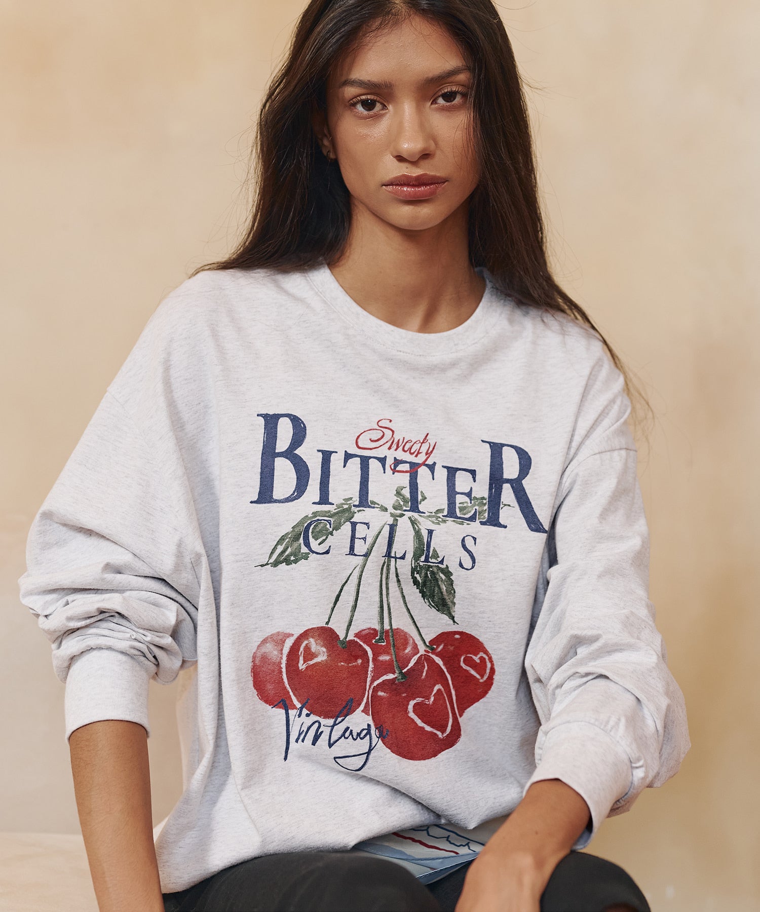 Bitter Cells Vintage Cherry Long Sleeve-Light Grey