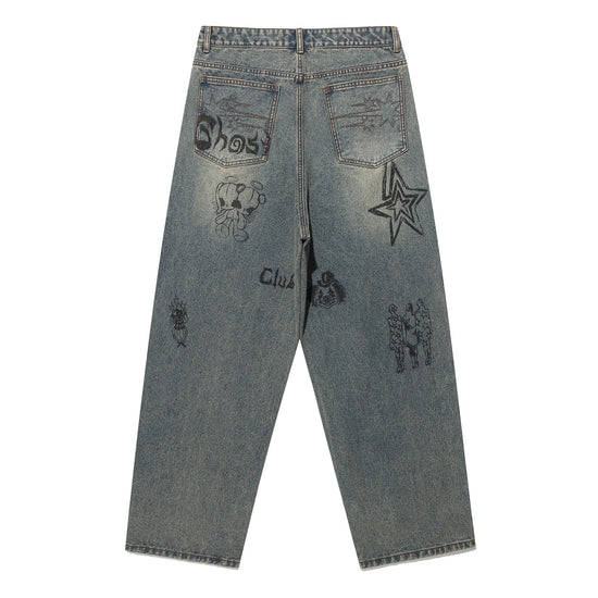 Nice Ghost Club Doodle Graphic Wide Jeans