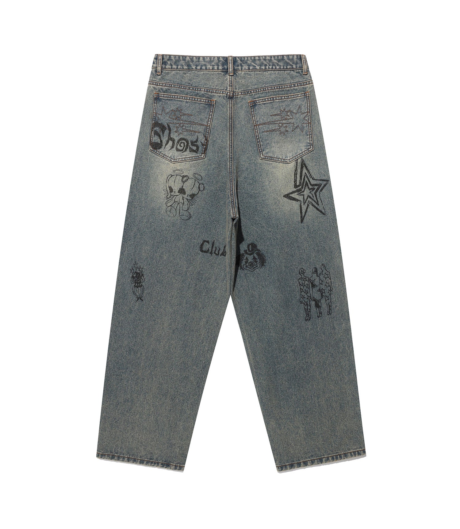 Nice Ghost Club Doodle Graphic Wide Jeans