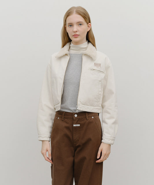 Marithé François Girbaud Women's Crop Shearling Denim Jacket in Ecru