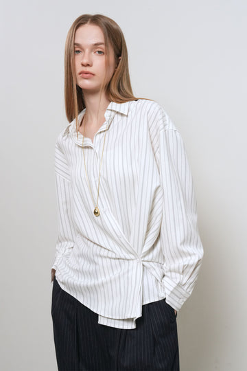 General Idea WOMAN Loose Fit Button Wrap Stripe Shirt [WHITE]