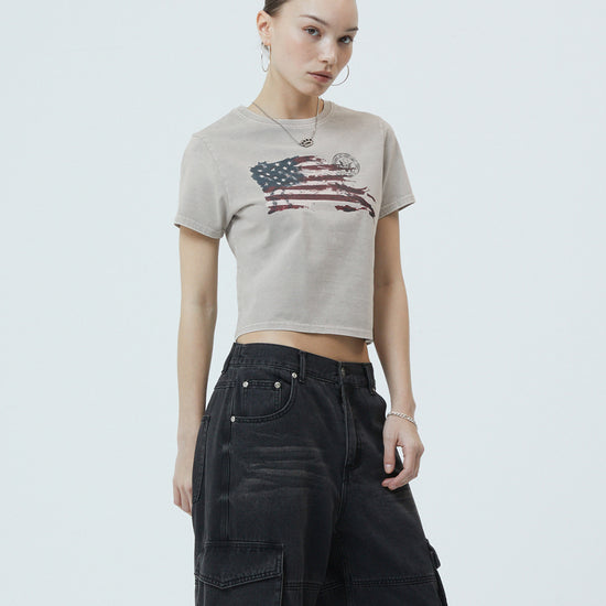 Mahagrid Washed Flag Crop Tee in Beige
