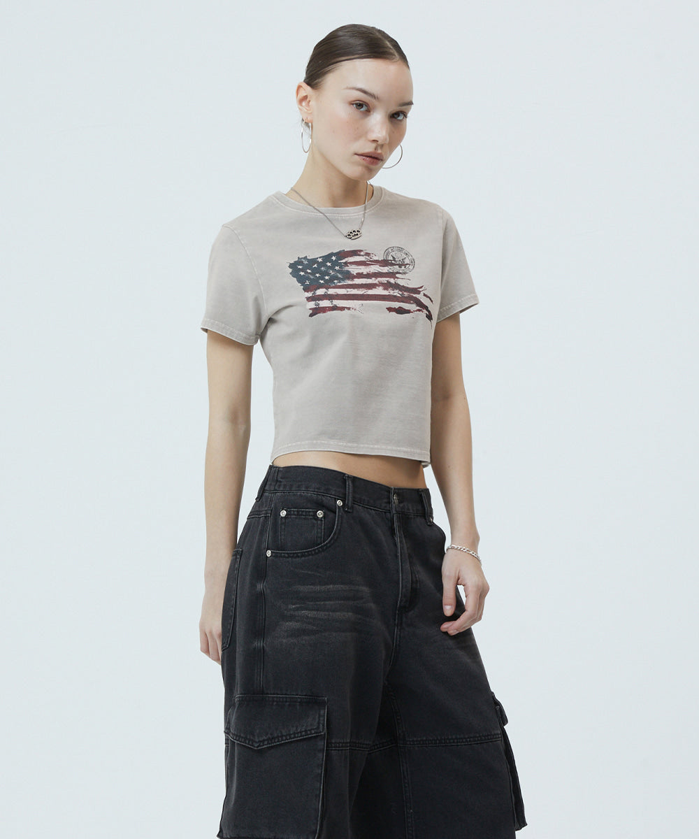 Mahagrid Washed Flag Crop Tee in Beige