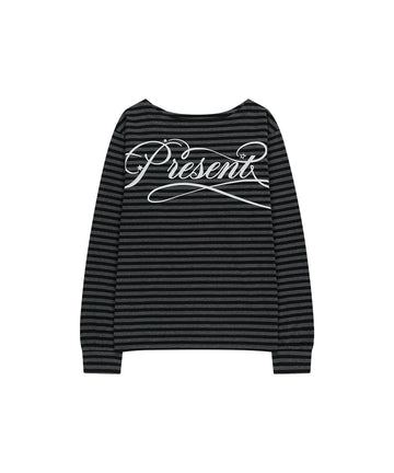 Mahagrid Stripe Present One Shoulder Long Sleeve Tee in Charcoal