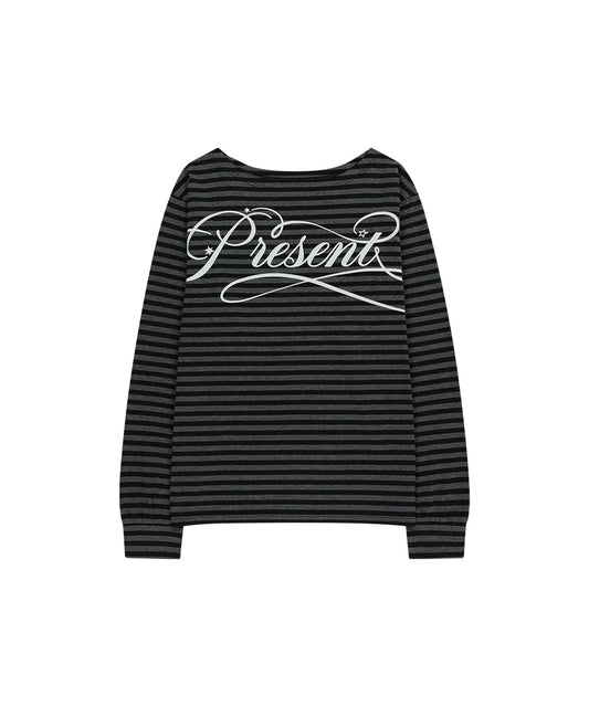 Mahagrid Stripe Present One Shoulder Long Sleeve Tee in Charcoal