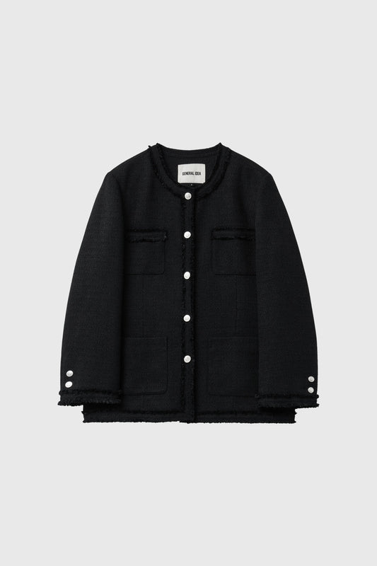 General Idea WOMAN Fringe Trimmed Tweed Jacket [BLACK]
