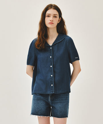 Marithé François Girbaud W SAILOR COLLAR SHORT SLEEVE CHAMBRAY SHIRT dark blue