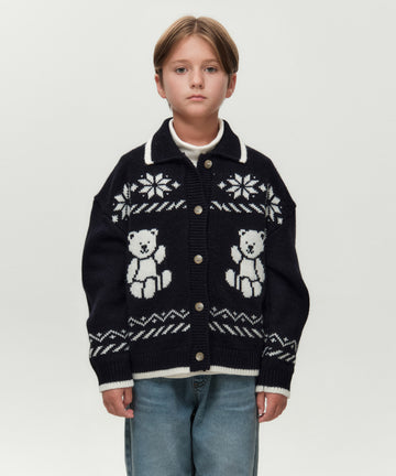 Marithé François Girbaud Kids Nordic Bear Knit Collar Cardigan Navy